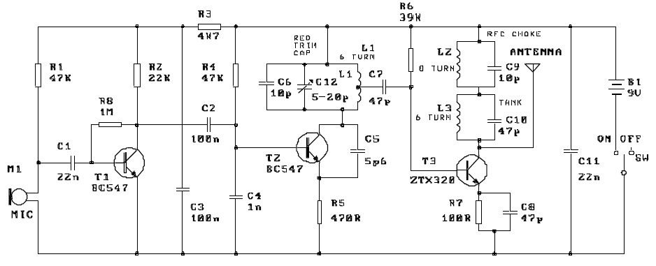 Three Stage 9V FM Transmitter | Electronic Schematic Diagram