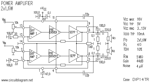 2 X 1 2w Dual Power Amplifier Circuit