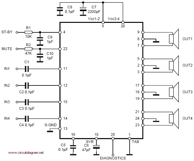 4 x 30W Power Amplifier Circuit Electronic | Electronic Schematic Diagram