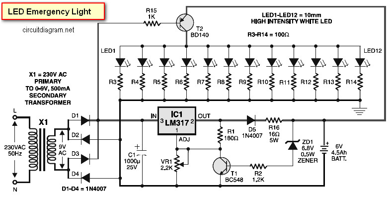 Simple Power Failure Led Emergency Lamp Circuit Diagram